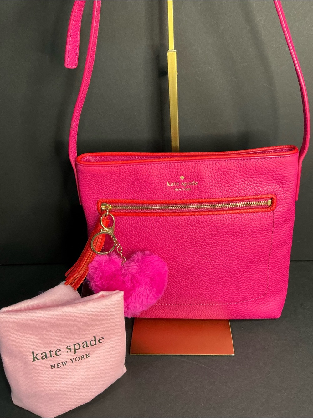 kate spade Hot Pink Pebbled Leather Crossbody with Pom Charm